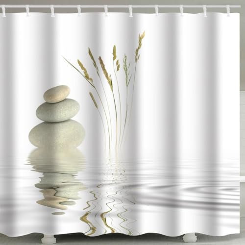 Whoiy Dusch Vorhang Antischimmel Wasserdicht 120 x 180 cm Polyester, Bad Vorhang Textil Stoff mit Motiv Zen Weiss für Badewanne und Dusche im Badezimmer Bathroom Curtains mit Duschvorhangringe