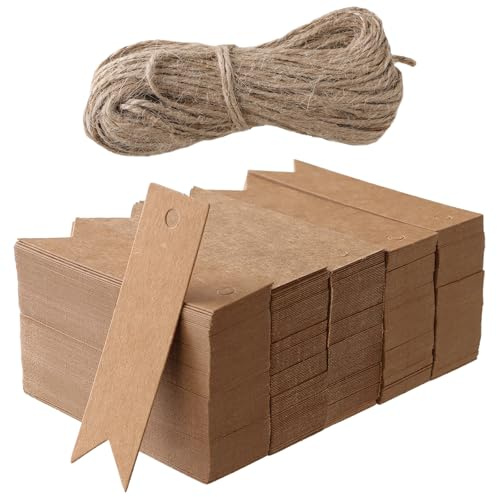 KEILEOHO 500 Stück Kraftpapier Geschenkanhänger Klein 7 x 2 cm, Anhänger Kraftpapier mit Loch und Jute Schnur, Etiketten zum Beschriften Papier Etiketten für Geschenke,Hochzeit