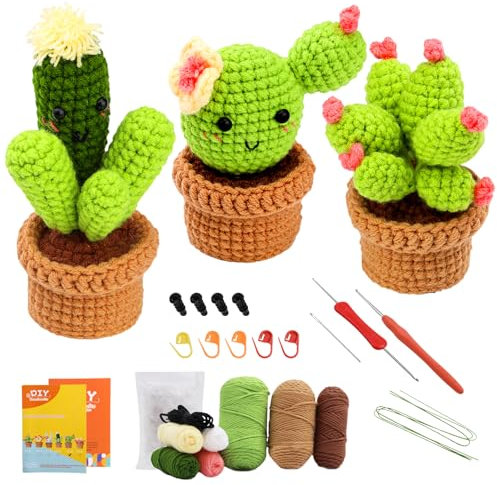 Trywise Häkelset für Anfänger, 3 Cactus Häkeln, Komplettes Stricken für Anfänger Set mit Häkelnadeln, Garn und Schritt-für-Schritt Videoanleitungen, ideales DIY Set für Erwachsene