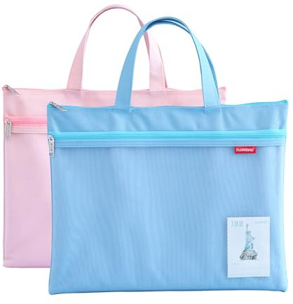 A4 Dokumententasche Zip Beutel, 2 Stück Tragetasche Nylon Mesh Beutel Wasserdichte Doppel-Reißverschluss Klein Etiketten Schüler Büro Liefert Reisetasche (Blau Rosa)