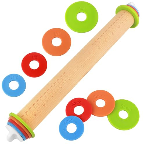Wood Rolling Pin with Thickness Rings, Adjustable Wooden Rolling Pins for Baking, Dough Roller Pins for Cookie Pastry Tools Cake Baker, Fondant Roller for Decorating Bakery Supplies Kitchen Gadgets