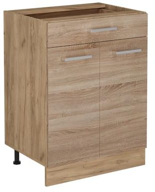 Vicco Küchenunterschrank R-Line, Sonoma, 60 cm | 1 Schublade · Ohne Arbeitsplatte · Höhenverstellbare Füße · 2 Türen · ✓ Leichter Zugriff
