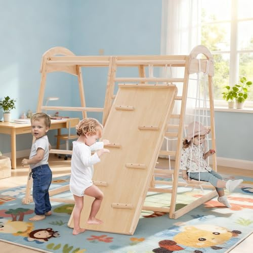 Indoor Jungle Gym for Toddler, Climbing & Swing & Slide Playset, 8 in 1 Montessori Playground Sets for Backyards with Swedish Ladder, Rope Ladder, Monkey Bars, Swing, Slide & Hanging rings