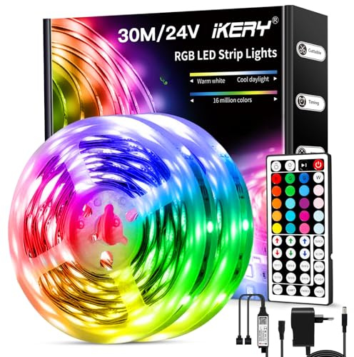 IKERY 30m RGB LED Streifen - IR-Fernbedienung, Musik Sync, 16M Farbwechsel, Selbstklebend & Schneidbar, für Zimmer, Party & Weihnachtsdekoration, 2 Rollen von 15m