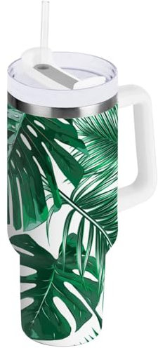 Vaso con asa, tapa con popote, 887 ml, verde tropical, hojas de palmera, botella de agua de acero inoxidable aislada, taza de viaje para café, 0.89 L