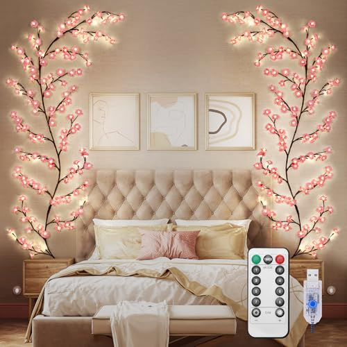 BomKra Catena luminosa fiori di ciliegio decorazione da parete - 144 LED Catena luminosa Willow Vine con telecomando, 8 modalità, timer alimentato USB, albero di fiori di ciliegio da parete per