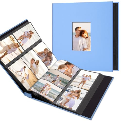 Hiwhy Álbum de Fotos con 300 Bolsillos, Cubierta de Lino y Ventana Personalizable, Apto para Fotos de 10x15 cm, Páginas Negras de Archivo, Gris Verdoso