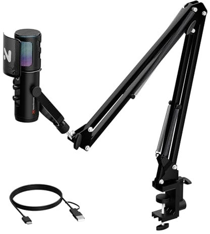 NearStream Microfono USB a Condensatore Professionale con Braccio Flessibile per Gaming/Streaming/Podcast/PC/Mac/PS4/PS5,Cancellazione del Rumore/Led RGB/Muto/Guadagno/Monitoraggio/Filtro Anti Pop