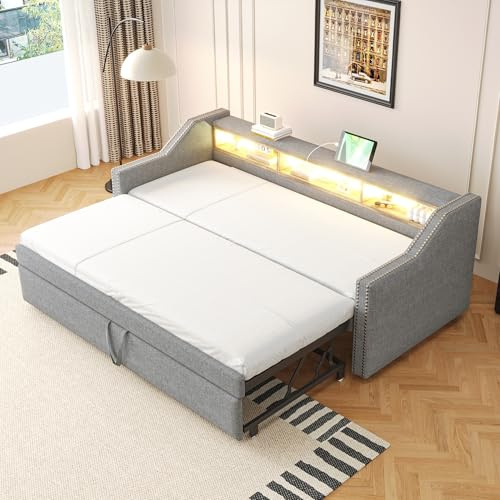 Lahoomu Polsterbett Ausziehbares Schlafsofa 90/180x190cm, Multifunktionales Staufach, LED-Licht/USB-Buchse, Lattenrost, Grau