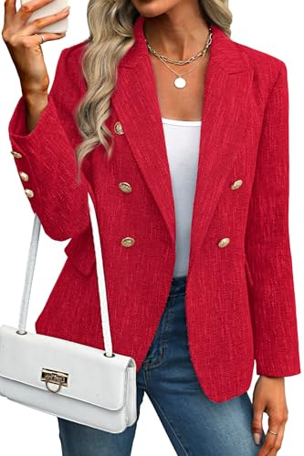 ELLEVEN Damen Tweed-Blazer Business Casual - Langarm Zweireihige Jacken vorne offen Arbeitsanzüge, Lebhaftes Rot, L
