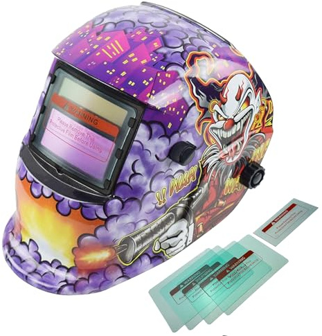 XTRM Auto Darkening Welding Helmet Hi-Tech Grinding CE Approved Solar Power Function Professional Protective Gear Welding Tig Mig Arc Welders Mask Helmet + 5 Lens (Clown, One)