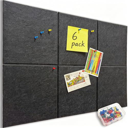 6 Pcs 60x90cm Large Cork Board with 30 Pins,10mm Thick Notice Pin Board Wall Tiles with Adhesive Tapes,Dark Gray Bulletin Board Felt Cork Panel for Memo Photo DIY Display in School Home Office Kitchen