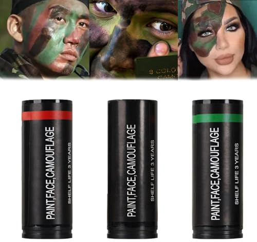3Pcs Camo Face Paint Kit - Black & Brown & Green Face Paint Sticks - Waterproof & Sweatproof Face Painting for Baseball Football Athletes Halloween Cosplay Costume Party Makeup