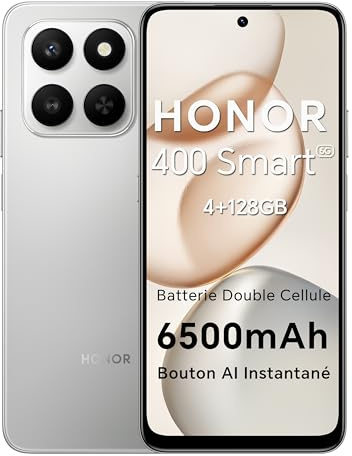 HONOR 400 Smart 5G Smartphone Dual SIM NFC Android 15, 4+128GB, 6500mAh Dual Cell Akku, Instant AI Taste, 6.77 Zoll 120 Hz Comfort Display, 5 Sterne SGS&IP54, 50MP+2MP, Meteor Silver
