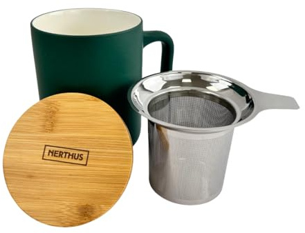 NERTHUS FIH 1569 Tasse en céramique avec infuseur en acier inoxydable et couvercle en bambou, design élégant, idéal pour thé et infusions Vert Mer 375 ml