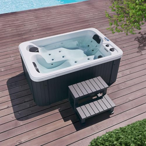 Kompakter 2-Personen Outdoor Whirlpool Hollywood Weiss mit 15 Düsen, Heizung, LED-Licht und Ozon-Desinfektion - ideal für Garten, Balkon und Terrasse (Dunkelgrau - Mit Treppe & Thermoabdeckung)