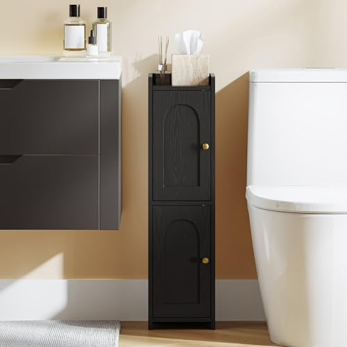 Hzuaneri Bathroom Storage Cabinet, Narrow Toilet Paper Cabine, Black | Slim Bathroom Floor Cabinet, Door and Adjustable Shelf, Freestanding Corner Storage Unit for Small Spaces, BC49904X