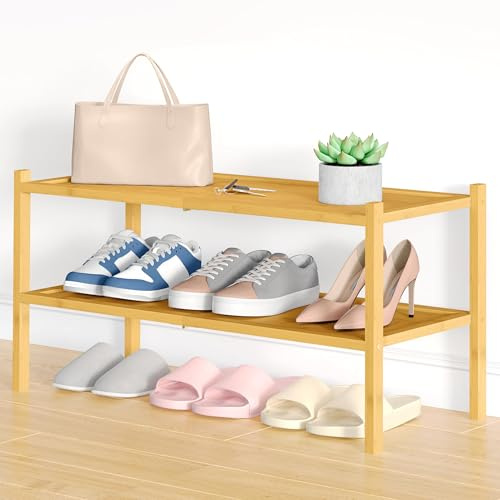 smiry Bamboo Shoe Rack, 2 Tier Shoe Organizer for Entryway & Living Room, Stackable Free Standing Storage Shelf for Shoes, Bags & Plants, Natural