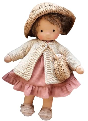 CAKEEYUM Stoffpuppe, niedliche Mädchen Stoffpuppe mit lockigem Haar, Hut, Umhängetasche und Kleid, 25 cm große, weiche, Geschenk für Babys und Kleinkinder zu Weihnachten Geburtstag (Vinylkö