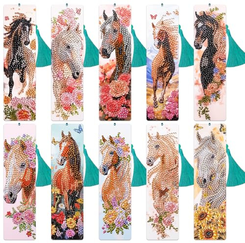 HGRGHH 10 Stück Diamond Painting Lesezeichen Pferd, 5D DIY Diamond Painting Lesezeichen, Gemälde Lesezeichen Diamantmalerei, Diamant-Lesezeichen für Kinder Erwachsene Mädchen Handwerk