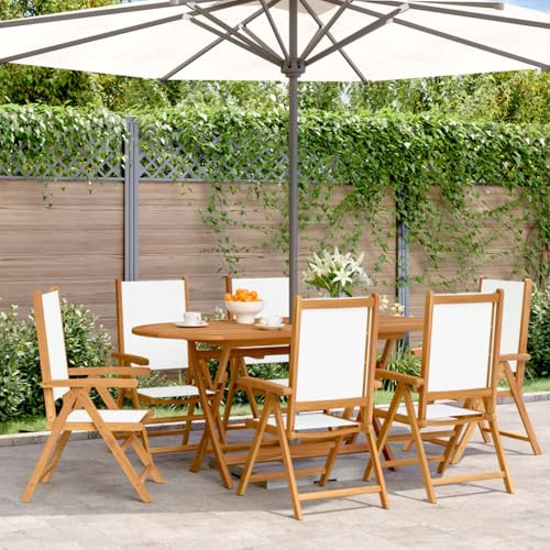 Fecpoo Justerbar trädgårdsstol 6 stycken – krämvit, akaciaträ med oljefinish och 100 % polyesteröverdrag, 48 x 40 cm sits, utomhusanvändning