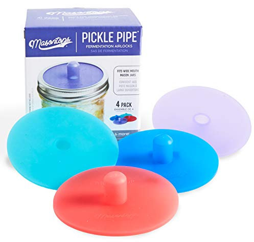 Masontops Pickle Pipe - One-Piece Silicone Waterless Fermentation Airlock Lids for Mason Jar Fermentation - Wide Mouth - 4 Pack