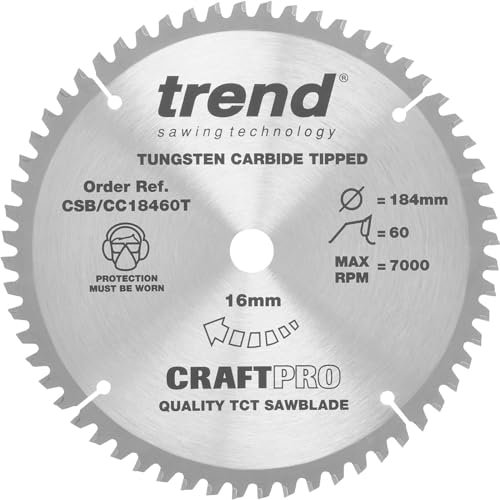 Trend Wood Cordless Mitre Saw Blade, 184mm Diameter, 16mm Bore, 60 Teeth, 1.6mm Kerf, -5° Hook, TCT, Extra-Fine Finish, CSB/CC18460T