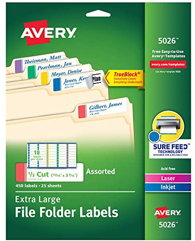 Avery TrueBlock Extra Large File Folder Labels, 15/16 x 3-7/16, 450 Printable Labels, Assorted Colors (5026)