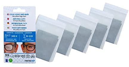 Lot de 5 essuie-verres anti buée VARIONET 15 X 18 cm Efficace 12h et 300 Utilisations - Chiffon Microfibre Chamoisine
