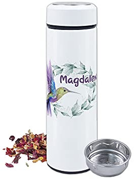 GRAZDesign Teeflasche mit Sieb to go, Thermobecher personalisiert mit Namen, Teebecher Teekanne mit Siebeinsatz, Thermosflasche Edelstahl 500ml Motiv Kolibri