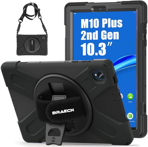 BRAECN Hülle für Lenovo Tab M10 FHD Plus 2. Gen 2020/K10 2021 10.3 Zoll | Robuste Stoßfeste Tragbare Schutzhülle mit 360°Drehbarer Handgurt und Ständer, Schultergurt, TB-X606F/X606X/TB-X6C6 Schwarz
