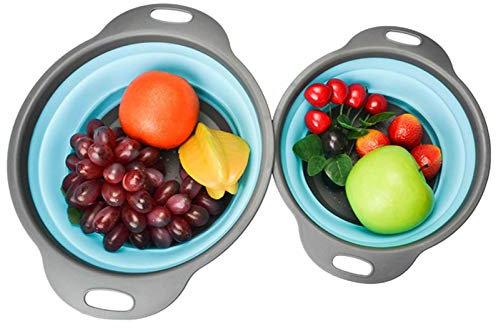 Momolaa Passoire Pliable Silicone, 2 Ensembles de passoire, Pliable Passoire Pliante Cuisine Fruit Basket Panier de Filtre Collapsible Colander Set pour Les pâtes, Les légumes, Les Fruits (Bleu)