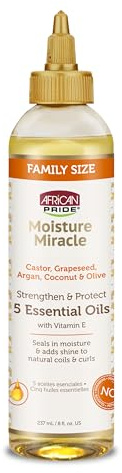 African Pride Moisture Miracle 5 Essential Hair Oils with Vitamin E | Moisture, Shine, Protection, and Growth | Argan, Castor, Grapeseed, Coconut, and Olive Oil | 8 oz