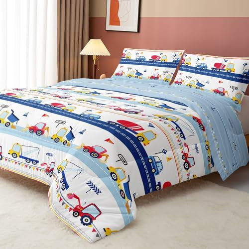 Cartoon-Auto-Kinder-Bettwäsche-Set für Doppelbett, Bau-Bettwäsche-Set, LKWs, Tröster, Bagger, Traktor, Steppdecke, Set mit 1 Bettdecke, 2 Kissenbezügen für Jungen, Mädchen, Teenager, blau, rot)