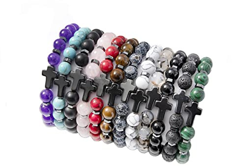 SAMOCO 12Pcs Natural Stone Beaded Bracelets for Women Men Semi-Precious Gemstones Crystal Bracelets Easter Basket Stuffers Cross Beaded Bracelet Unisex Adjustable Stretch Bracelets 8MM