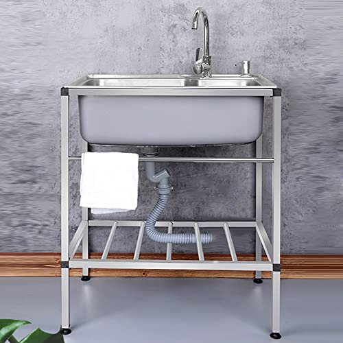 ZJIEX ILOOXI 304 Edelstahl Küchenspüle 1 Becken Spülbecken Mit Wasserhahn Waschbecken Mobiles Spültisch Freistehende Spüle Für Küche Restaurant(Cold Hot Faucet,201 Stainless Steel)