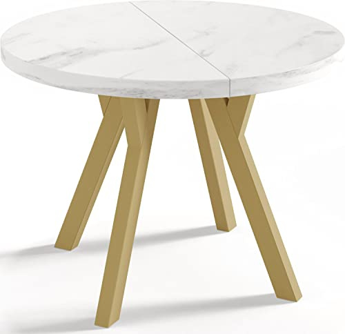 WFL GROUP Designer Runder Ausziehbarer Esstisch in Weißer Marmoroptik - Loft-Stil, Industriell, Platzsparend - Goldene Beine - 100 bis 150 cm - für 6-8 Personen - Hergestellt in EU - Marmor Weiß