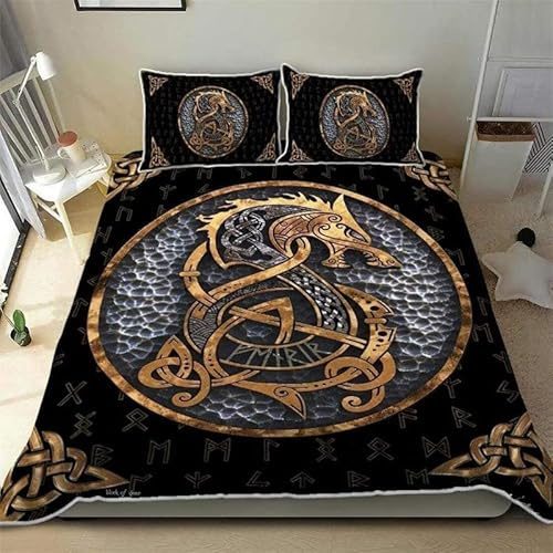 Bettwäsche 155x220cm Wikinger Drachen Totem Bettbezug Set 3 Teilig Wikinger Wolf Piratenschiff Totem Einzelbett Bettbezug 3D Motiv Modern Weiche Microfaser Mit Reißverschluss und 2 Kissenbezug 80x80cm