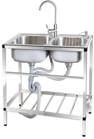 MTSYXYM Edelstahl Küchenspüle Doppelwaschbecken mit Wasserhahn mit Warm Kaltwasserhahn 304 Edelstahl Waschbecken mit Schlauchanschluß Waschtisch für Garage Singleküche.