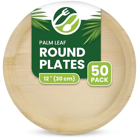ECO Leaf 50 Disposable Palm Leaf Plates | 12”(30cm) Round Compostable Dinner Plates | Eco-Friendly, Biodegradable Heavy-Duty Plate for Wedding, Party & Picnic |Microwave & Oven Safe