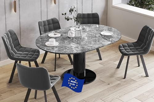 Design Esstisch rund HES-111 Marmor dunkel / Schwarz Hochglanz ausziehbar 100 cm bis 148 cm runder Esszimmertisch Küchentisch rund Funktionstisch oval kitchen table Esszimmer dining table Ausziehtisch