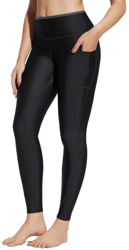 BALEAF Simleggings för kvinnor med fickor med dragkedja, rashguard med foder, badbyxor med blygsam UPF 50+, svart, XL