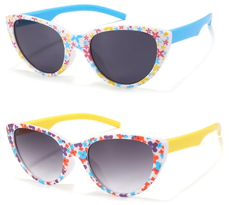 Hifot 2 PCS Gafas de sol Niña Niños,Gafas de Sol bebe Flores Infantiles UV400 Protección Rayos Decorativas Gafas Fiesta- De 3años a 12años