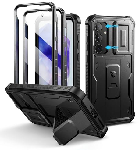 Dexnor pour Coque Samsung Galaxy A55【Double Cadre Avant et Support】 avec CaméRa Coulissante Intégrée & Protecteur d'écran, Coque de Protection Robuste Résistante Aux Chocs - Noir