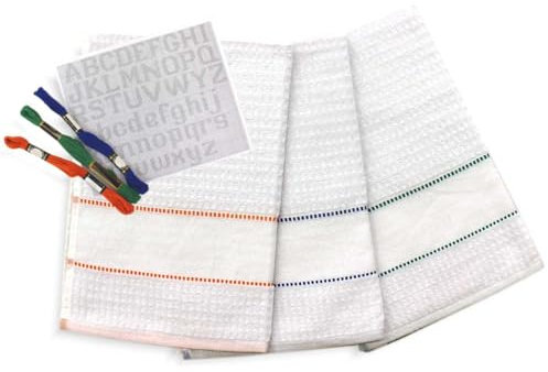 hobbymio.it 3 Pezzi di Strofinacci da Cucina da Ricamare a Punto Croce con 3 Matassine di filo e Schema Ricamo alfabeto