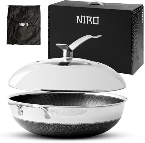 NIRO Wok Antiaderente Triplo Strato (Acciaio Inox + Alluminio) Ø36cm, COPERCHIO INCLUSO, Antigraffio, NO PFOA, Per Piano Cottura Induzione, Ceramica, Elettrico, Gas, Forno, Manico Anti Scottatura