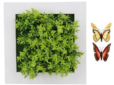 Künstliche Pflanzen zum Aufhängen mit 2 Schmetterlingen für Heimdekoration im Innenbereich, Sukkulenten, künstliche Pflanzen im Rahmen, 3D-Grün, Wandkunst, künstliche Blumen im Kunststoff-Bilderrahmen