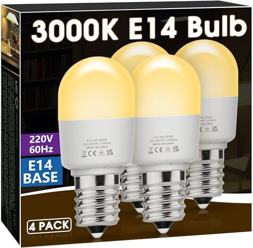Briignite E14 LED Light Bulb, 4Pack Refrigerator Bulb, 2W SES E14 Mini LED Bulbs(Equivalent to 20W-25W), 3000K Warm White, 200LM, Non-Dimmable, Suitable for Fridges, Freezers, Small Edison Screw Base