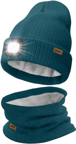 ATNKE LED Mütze mit Licht und Schal Set, Wiederaufladbare USB 4 LED Beleuchtete Laufmütze Winter Warme Gefütterte Fleece Halsschlauch und Stricken Mütze für Herren und Damen Geschenke