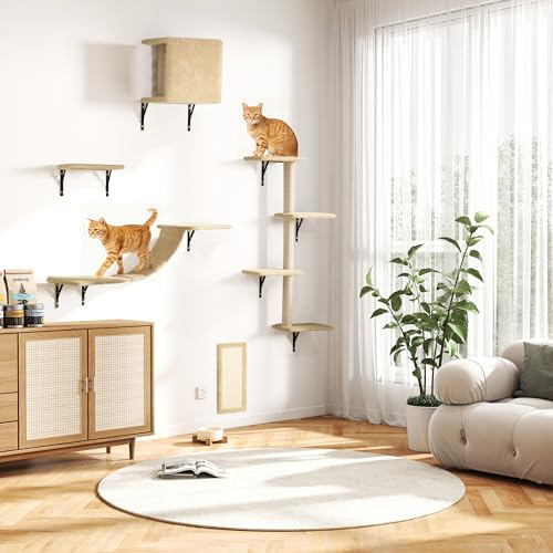 Lot de 5 meubles muraux à plusieurs étages pour l'intérieur avec griffoir, appartement pour chat, perchoirs, pont pour chat (beige)